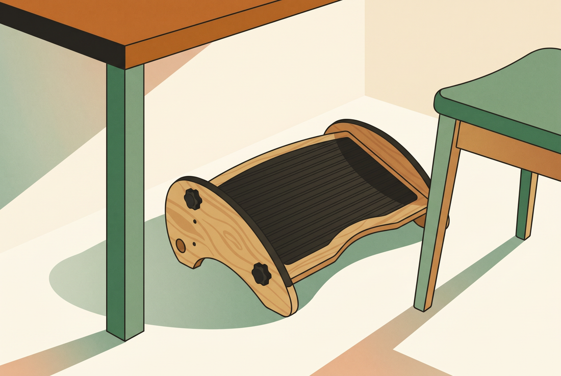 Illustrated KomfiNest bamboo footrest in rocking mode under a desk, illustrating the rocking vs fixed footrest choice for home offices