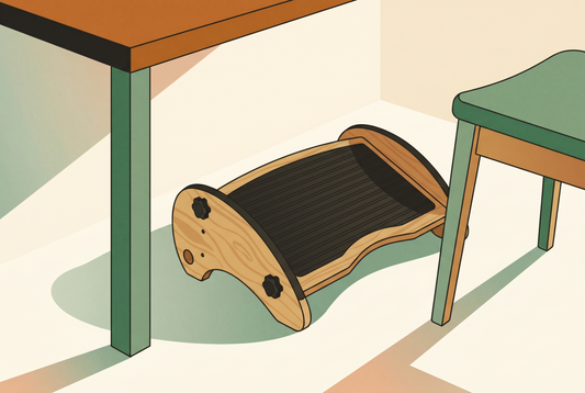 Illustrated KomfiNest bamboo footrest in rocking mode under a desk, illustrating the rocking vs fixed footrest choice for home offices
