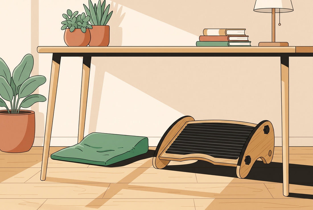 Flat illustrated cover of a solid bamboo under-desk footrest beside a flattened foam wedge, the memory foam vs bamboo footrest comparison