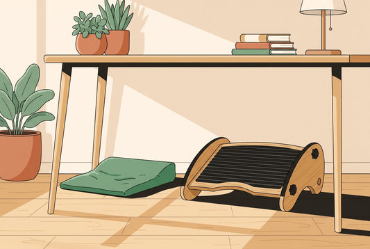 Flat illustrated cover of a solid bamboo under-desk footrest beside a flattened foam wedge, the memory foam vs bamboo footrest comparison
