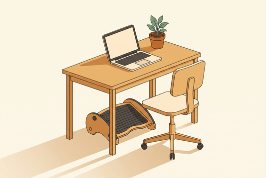 Illustrated scene answering is a footrest worth it, showing a reversible bamboo under-desk footrest beneath a home office desk