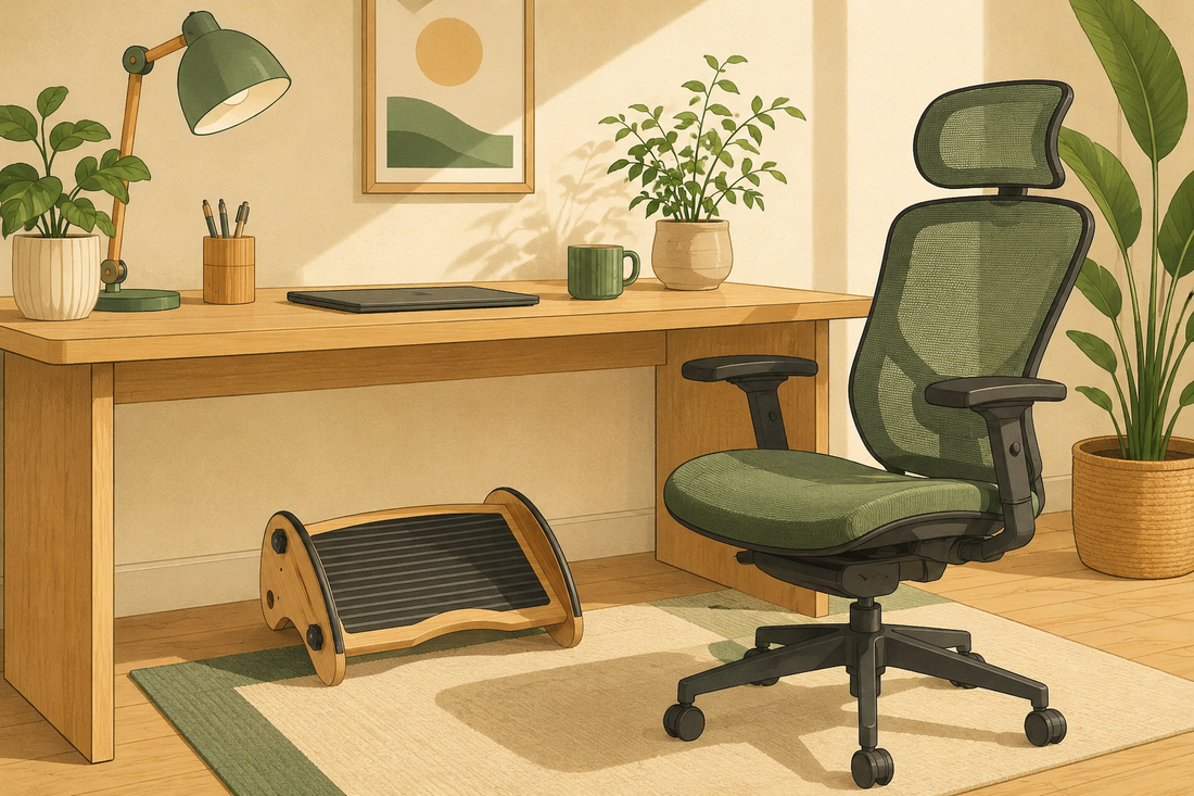 Warm flat illustration of a bamboo under-desk footrest beside an empty office chair, showing the footrest vs new office chair choice