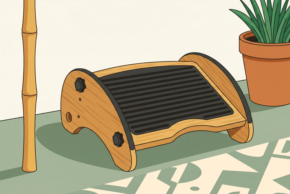 Illustrated cover of a solid bamboo footrest under a desk in a warm home office, the kind of bamboo footrest that closes a foot gap