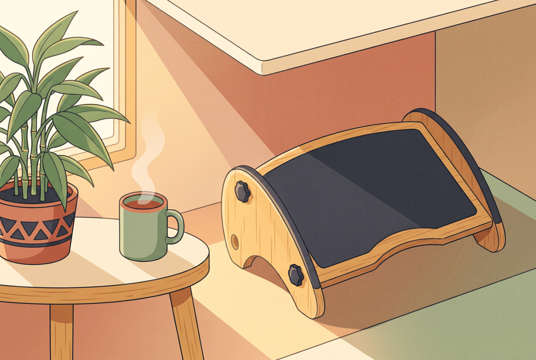 Illustrated bamboo under-desk footrest with a curved rocking base, addressing whether footrests are bad in a warm home office scene