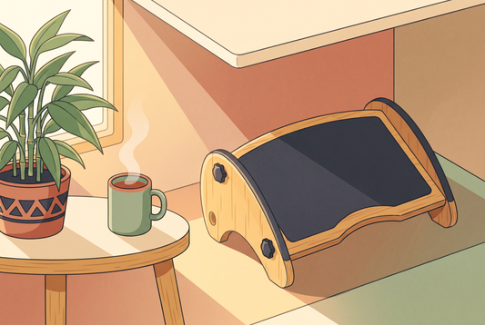 Illustrated bamboo under-desk footrest with a curved rocking base, addressing whether footrests are bad in a warm home office scene