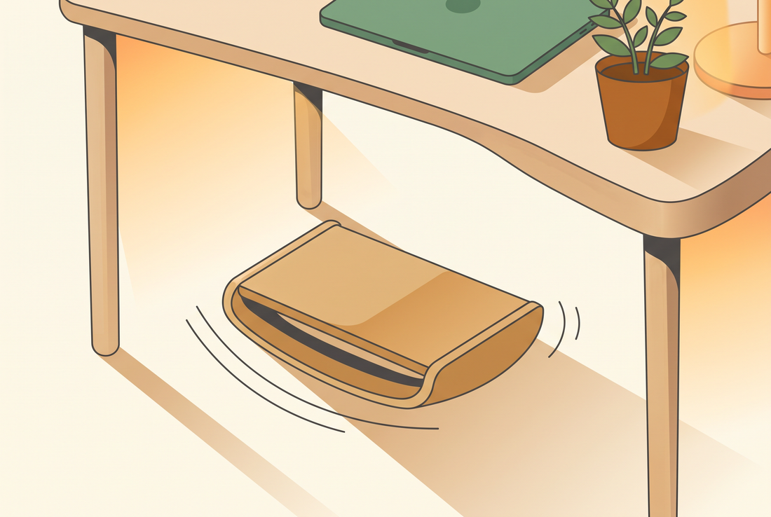Illustrated cover of a bamboo under-desk footrest rocking gently, showing active sitting at a warm modern home desk setup