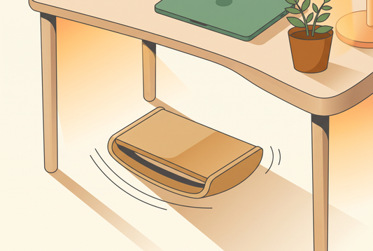 Illustrated cover of a bamboo under-desk footrest rocking gently, showing active sitting at a warm modern home desk setup