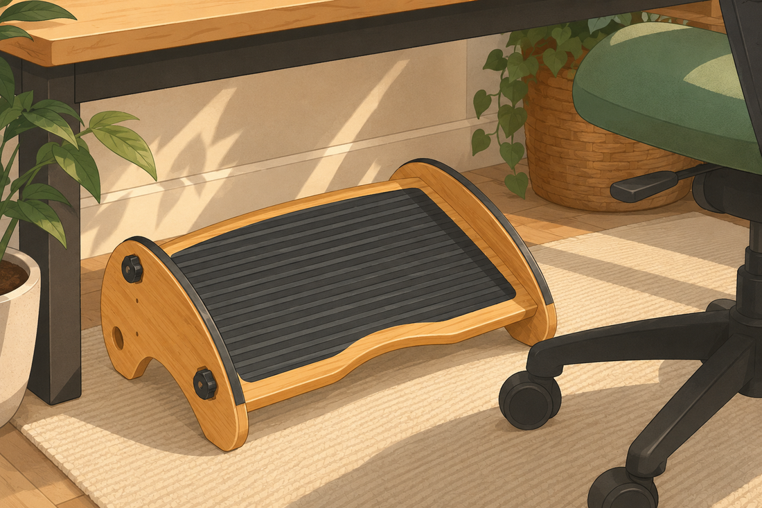 Illustrated bamboo footrest under a desk illustrating the footrest vs footstool difference in size, angle, and stability