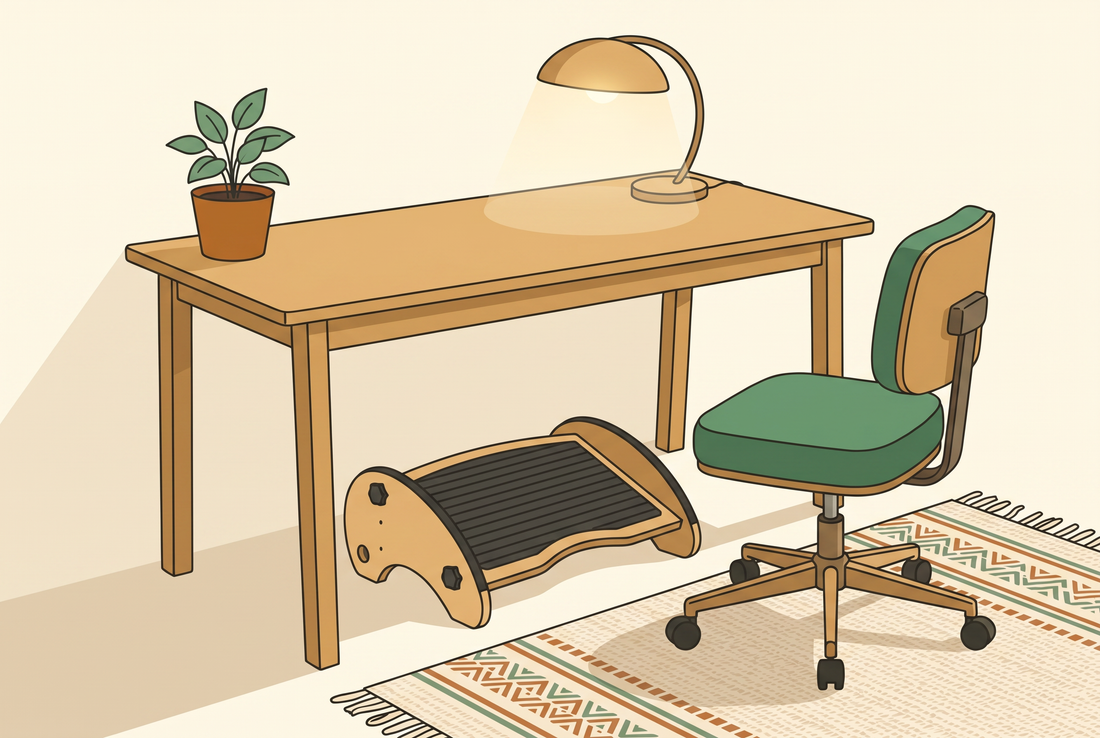 Warm illustrated home office desk with a bamboo footrest, exploring whether footrests are good for you in a calm ergonomic workspace