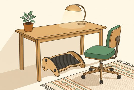 Warm illustrated home office desk with a bamboo footrest, exploring whether footrests are good for you in a calm ergonomic workspace