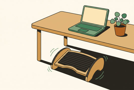 Illustrated cover of a bamboo footrest rocking beneath a home office desk, showing how restless legs at desk find natural movement