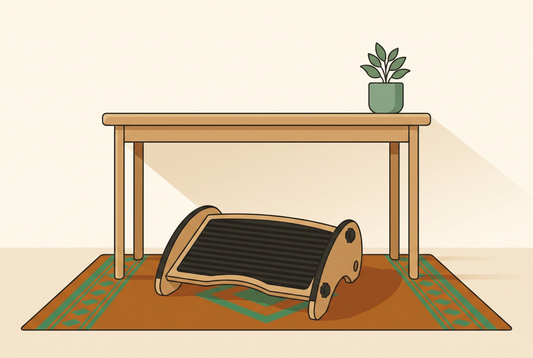 Bright flat illustration cover of a bamboo rocking footrest under a calm home-office desk with warm cream and sage tones
