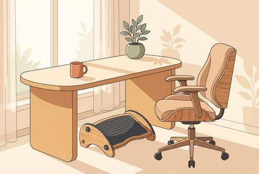 Warm flat illustration of a bamboo footrest for posture support tucked under a home office desk beside an empty ergonomic chair