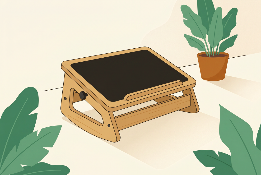 Illustrated cover of the KomfiNest bamboo rocking and static footrest, built to outlast foam footrest squish and sagging over time