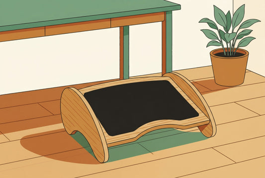 Flat illustration of the KomfiNest bamboo best under desk footrest sitting under a desk in a warm calm home office