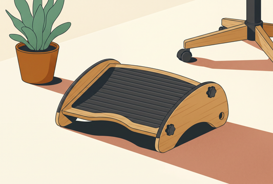 Flat illustrated cover of a 2-in-1 reversible bamboo under-desk footrest in a warm home office, rocking side and flat side shown