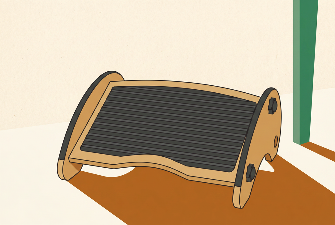 Illustrated cover showing the best footrest for WFH, a bamboo KomfiNest under-desk footrest on a calm cream home-office floor