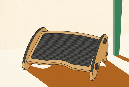 Illustrated cover showing the best footrest for WFH, a bamboo KomfiNest under-desk footrest on a calm cream home-office floor