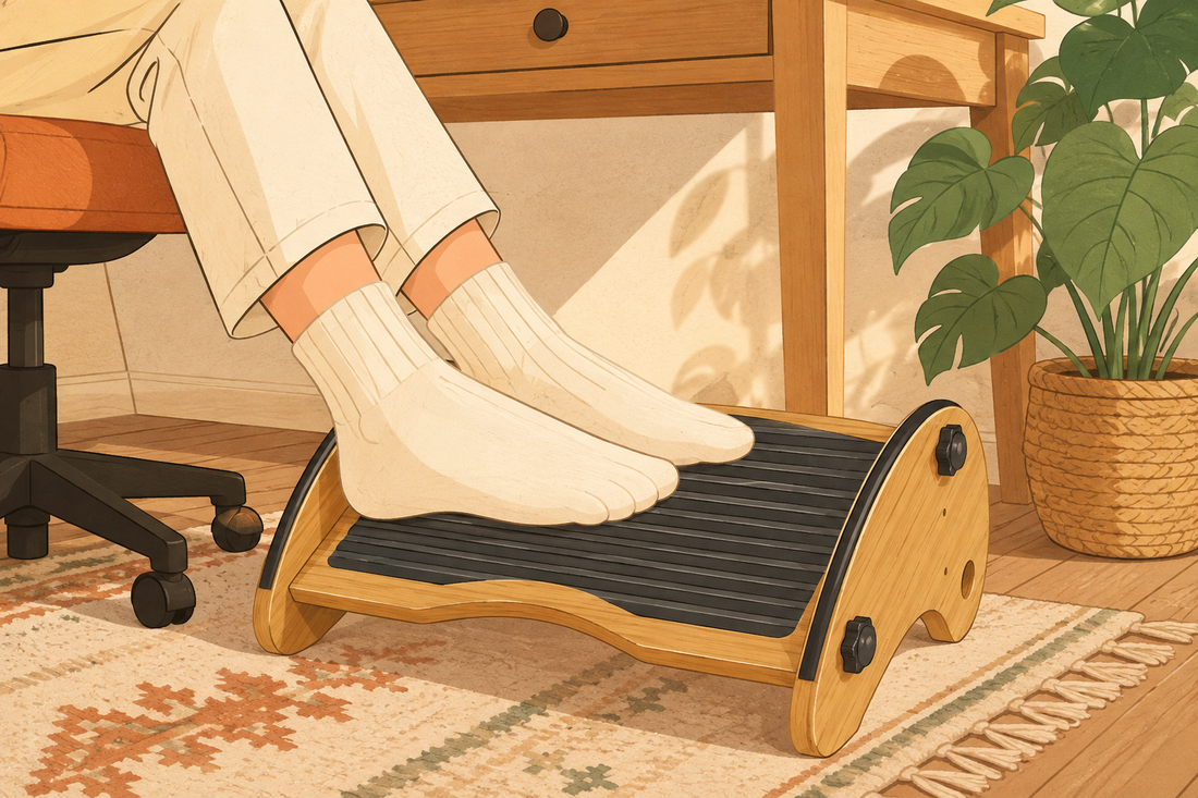 Illustrated home office scene showing feet resting on a bamboo footrest for knee pain, warm cream and sage color palette
