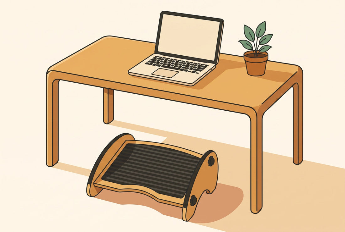 Illustrated cozy home office desk with the KomfiNest bamboo footrest in rocking mode underneath, depicting a footrest for back pain relief