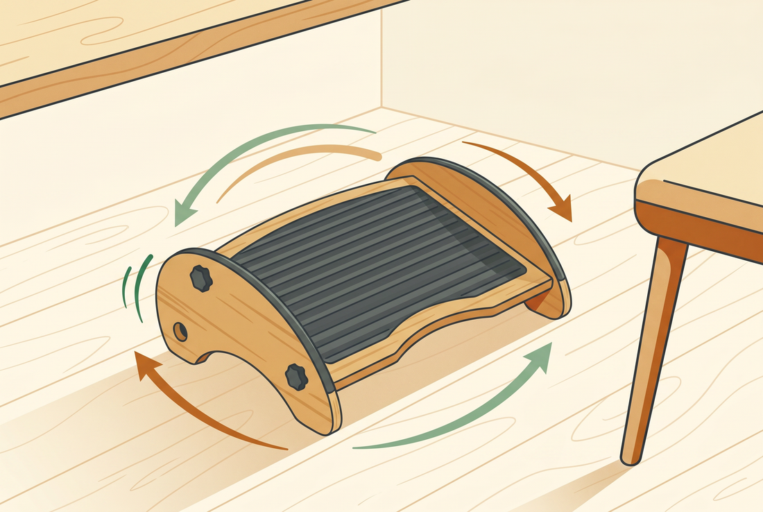 Illustration of a bamboo two-in-one rocking footrest in motion under a desk, the kind of foot fidget for ADHD focus people search for
