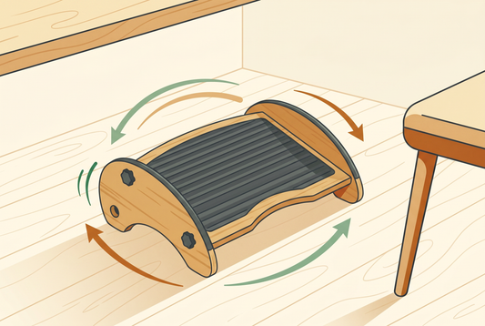 Illustration of a bamboo two-in-one rocking footrest in motion under a desk, the kind of foot fidget for ADHD focus people search for