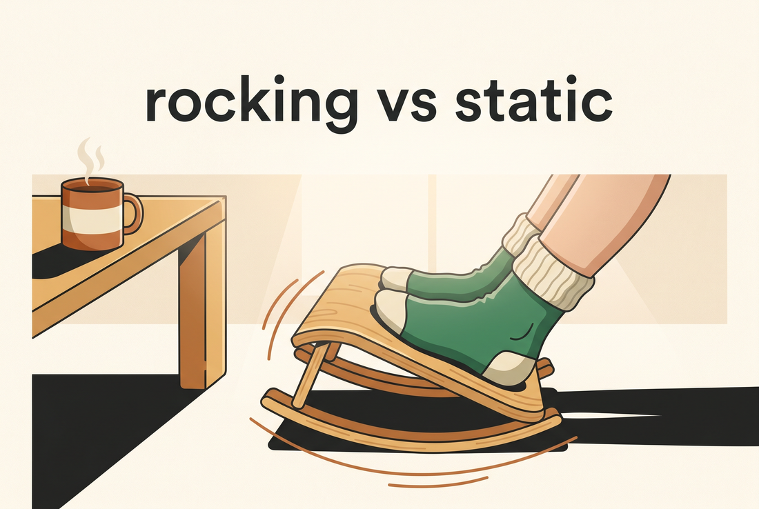 Illustrated cover: feet in cozy socks on an under-desk footrest that gently rocks, with soft motion lines, in warm cream and bamboo tones