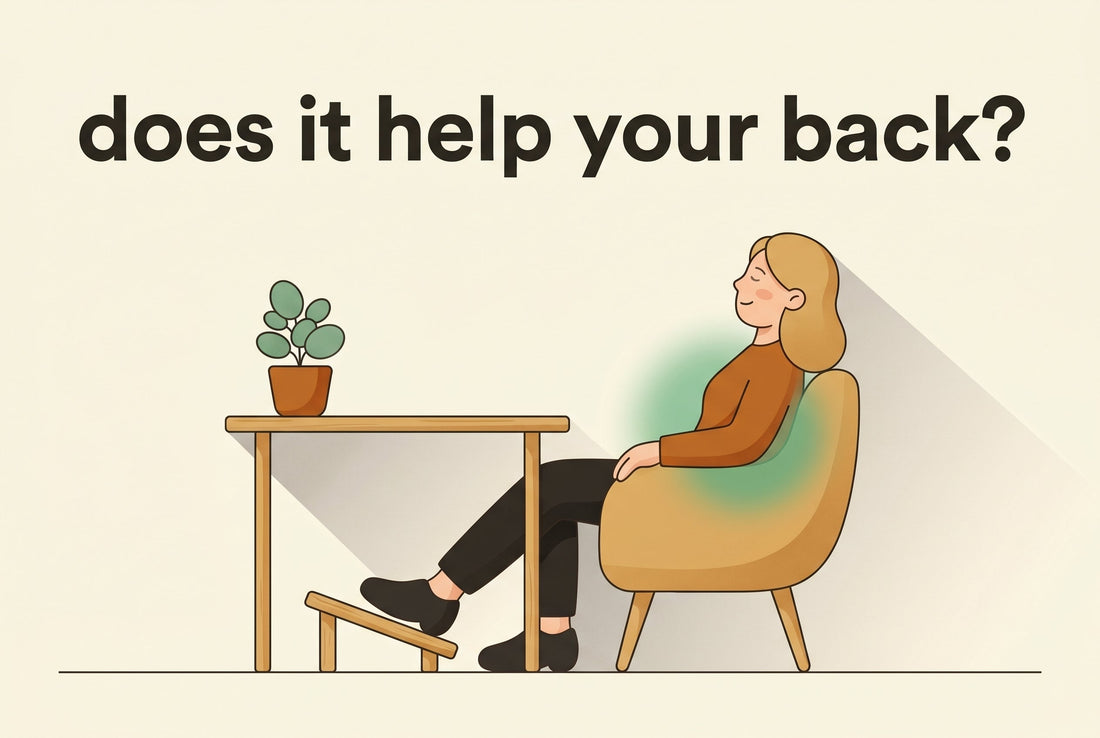 Illustrated cover: a person sitting relaxed against their chair backrest with feet flat on a small bamboo footrest, a soft glow at the lower back suggesting support, in warm cream and bamboo tones