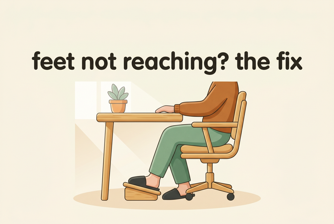 Illustrated cover: a person at a desk with their chair raised and a small footrest closing the gap so their feet rest flat, in warm cream and bamboo tones