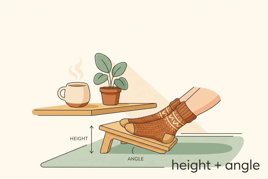 Illustrated cover: feet in cozy socks resting on a small tilted under-desk footrest, with subtle height and angle hints, in warm cream and bamboo tones