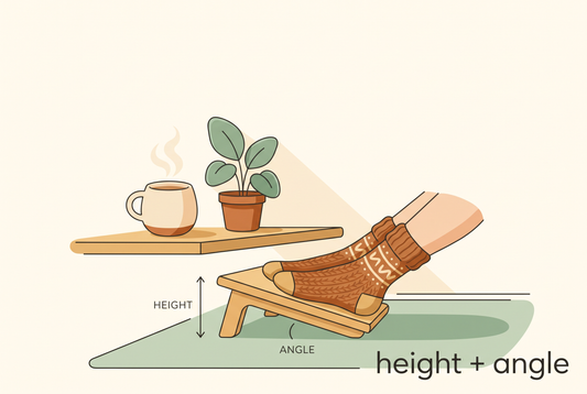 Illustrated cover: feet in cozy socks resting on a small tilted under-desk footrest, with subtle height and angle hints, in warm cream and bamboo tones