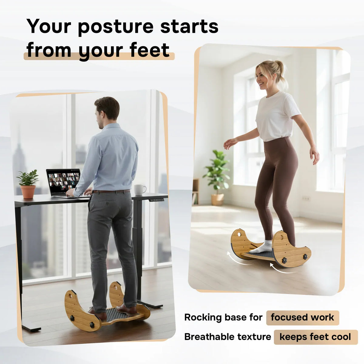 Your posture starts from your feet, rocking base for focused work at a standing desk