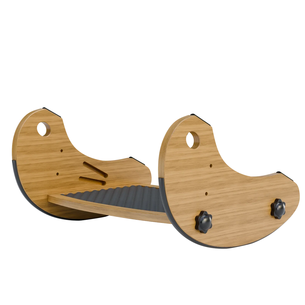 Reversible bamboo footrest showing both the ribbed and massage surfaces